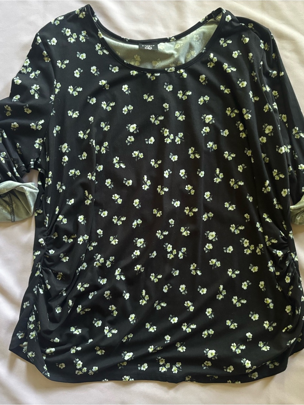 Black Floral Scoop Neck Tunic Top with White Flower Accents
